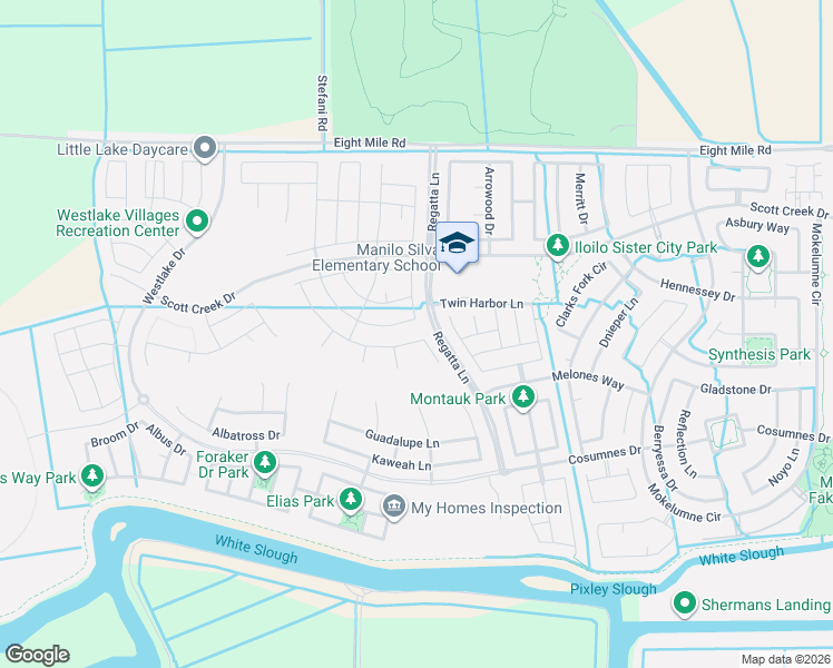 map of restaurants, bars, coffee shops, grocery stores, and more near 10599 Regatta Lane in Stockton