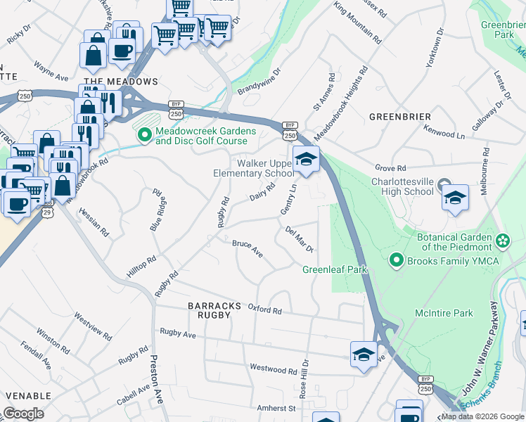 map of restaurants, bars, coffee shops, grocery stores, and more near 1425A Gentry Lane in Charlottesville