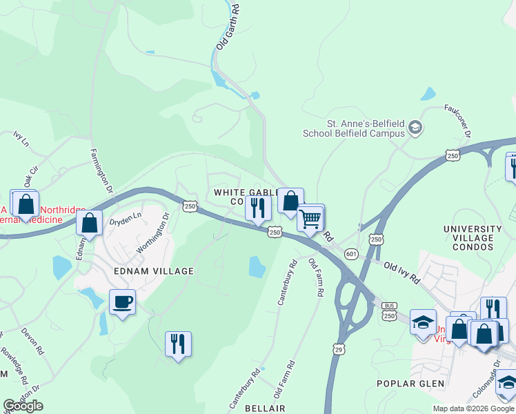 map of restaurants, bars, coffee shops, grocery stores, and more near 410 White Gables Lane in Charlottesville