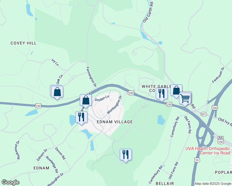 map of restaurants, bars, coffee shops, grocery stores, and more near 625 Worthington Drive in Charlottesville