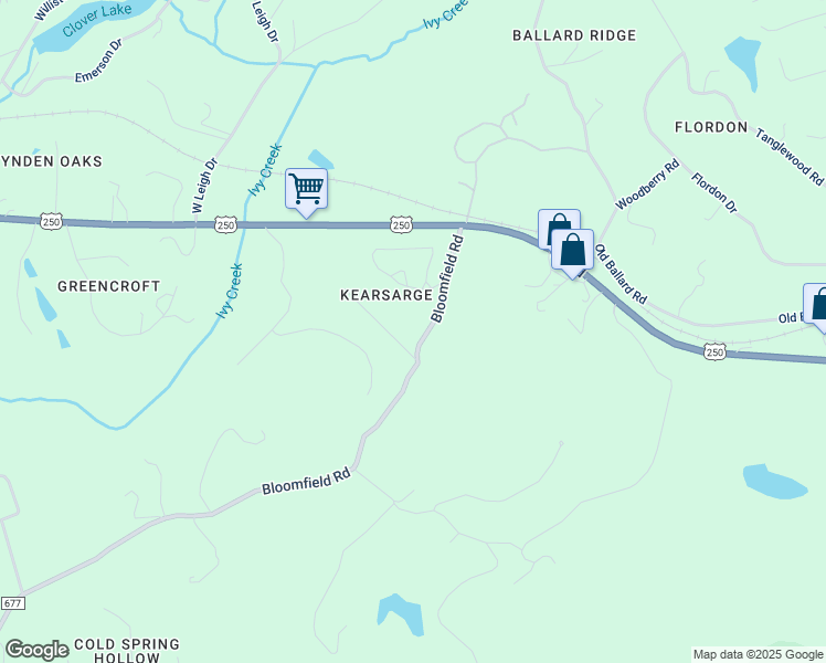 map of restaurants, bars, coffee shops, grocery stores, and more near 560 Bloomfield Road in Charlottesville