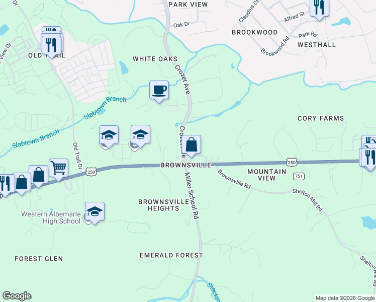 map of restaurants, bars, coffee shops, grocery stores, and more near 5696 Rockfish Gap Turnpike in Charlottesville