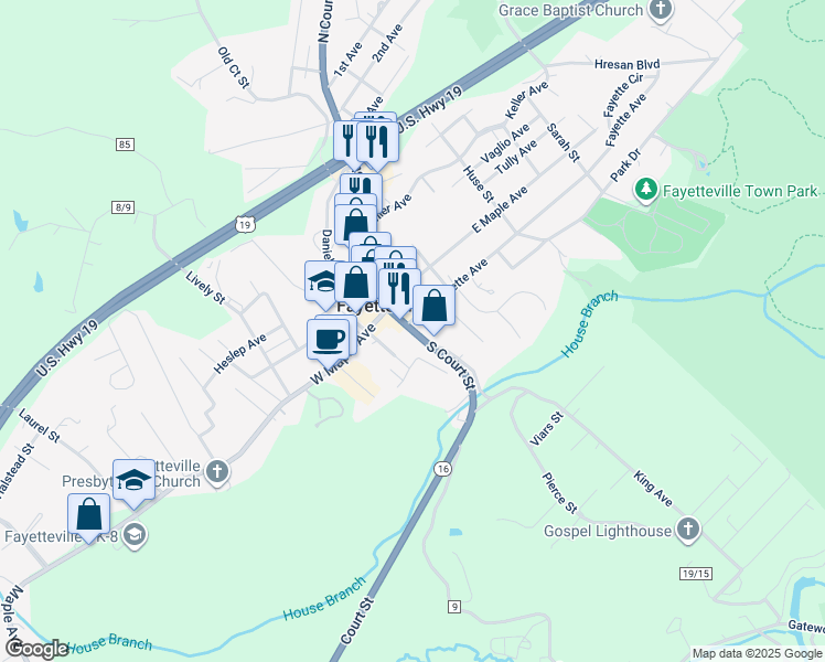 map of restaurants, bars, coffee shops, grocery stores, and more near 410 North Court Street in Fayetteville