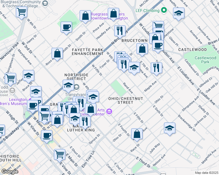 map of restaurants, bars, coffee shops, grocery stores, and more near 456 North Limestone in Lexington