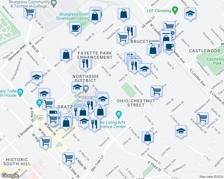 map of restaurants, bars, coffee shops, grocery stores, and more near 456 North Limestone in Lexington