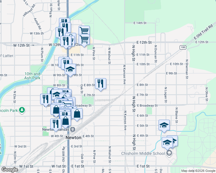 map of restaurants, bars, coffee shops, grocery stores, and more near 331 East 8th Street in Newton