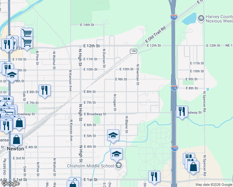 map of restaurants, bars, coffee shops, grocery stores, and more near 824 North Logan Street in Newton