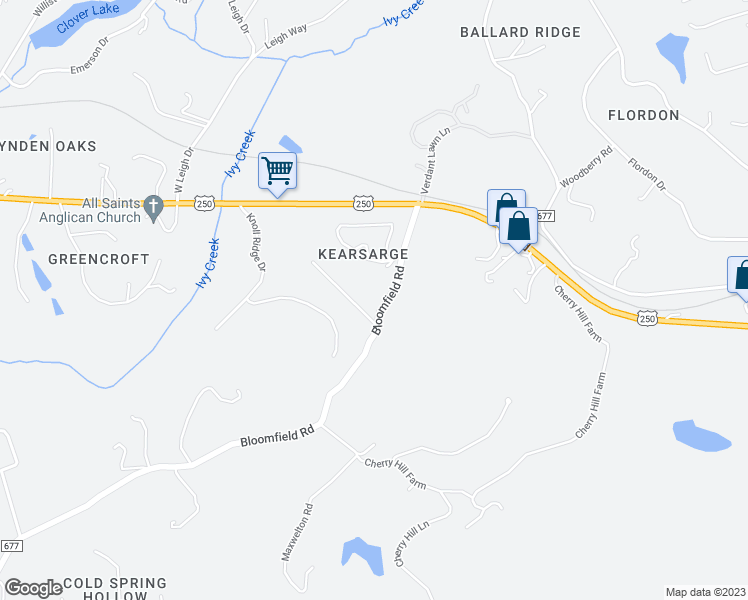 map of restaurants, bars, coffee shops, grocery stores, and more near 560 Bloomfield Road in Charlottesville