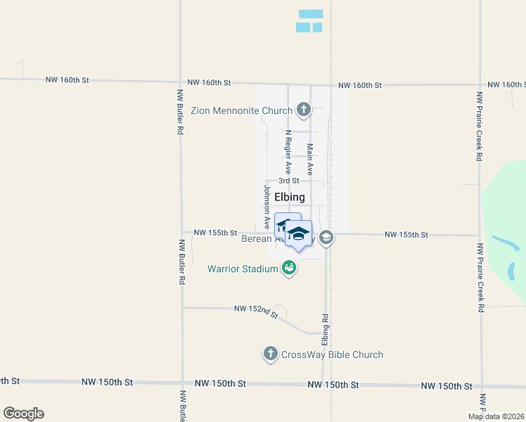 map of restaurants, bars, coffee shops, grocery stores, and more near 131 N Johnson St in Elbing