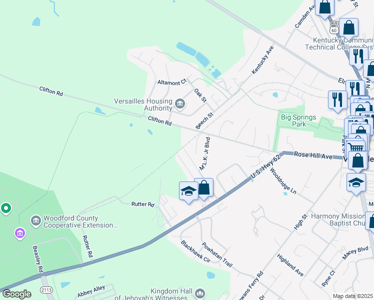 map of restaurants, bars, coffee shops, grocery stores, and more near 834 Martin L King Junior Court in Versailles