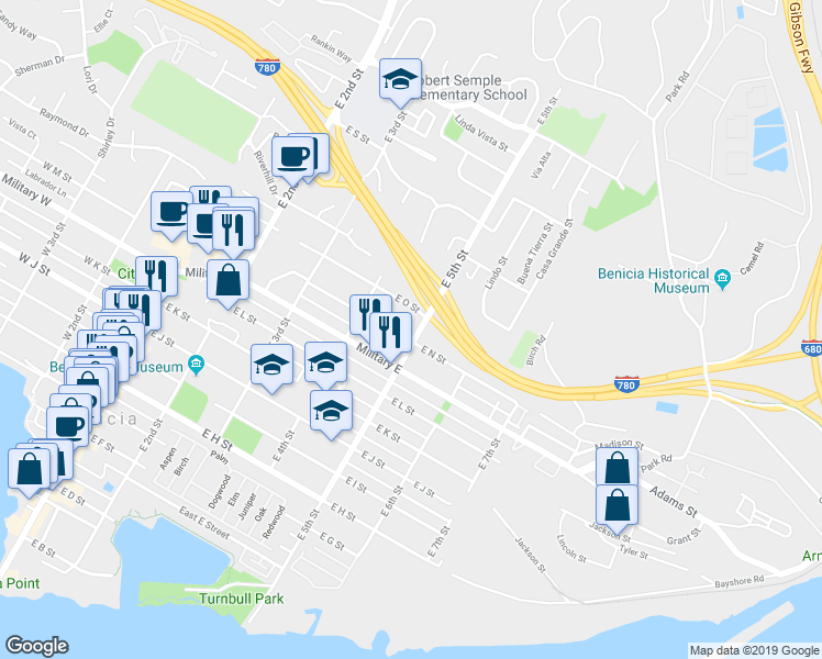 map of restaurants, bars, coffee shops, grocery stores, and more near 1401 East 5th Street in Benicia