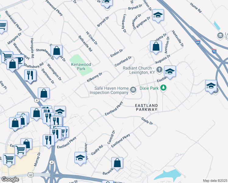 map of restaurants, bars, coffee shops, grocery stores, and more near 1502 Raleigh Court in Lexington