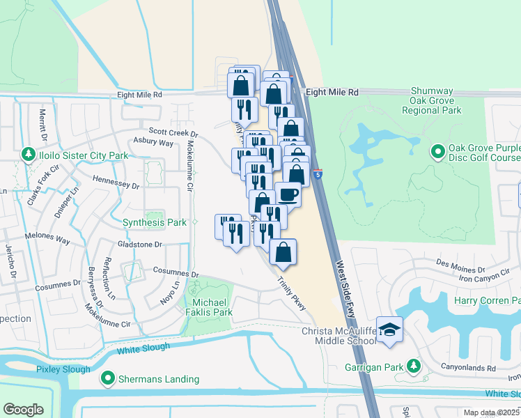 map of restaurants, bars, coffee shops, grocery stores, and more near 10506 Trinity Parkway in Stockton