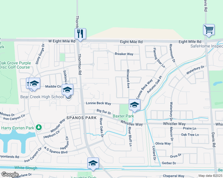 map of restaurants, bars, coffee shops, grocery stores, and more near 10606 Grey Hawk Court in Stockton