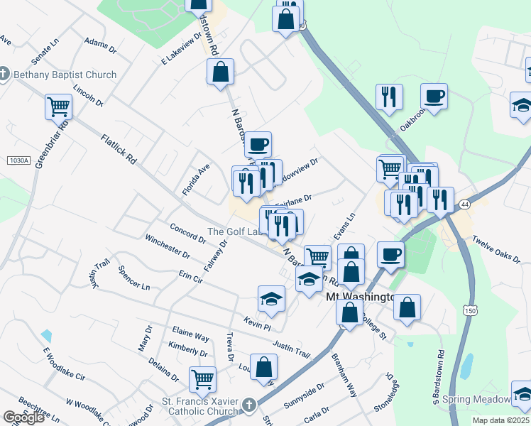 map of restaurants, bars, coffee shops, grocery stores, and more near 545 North Bardstown Road in Mount Washington