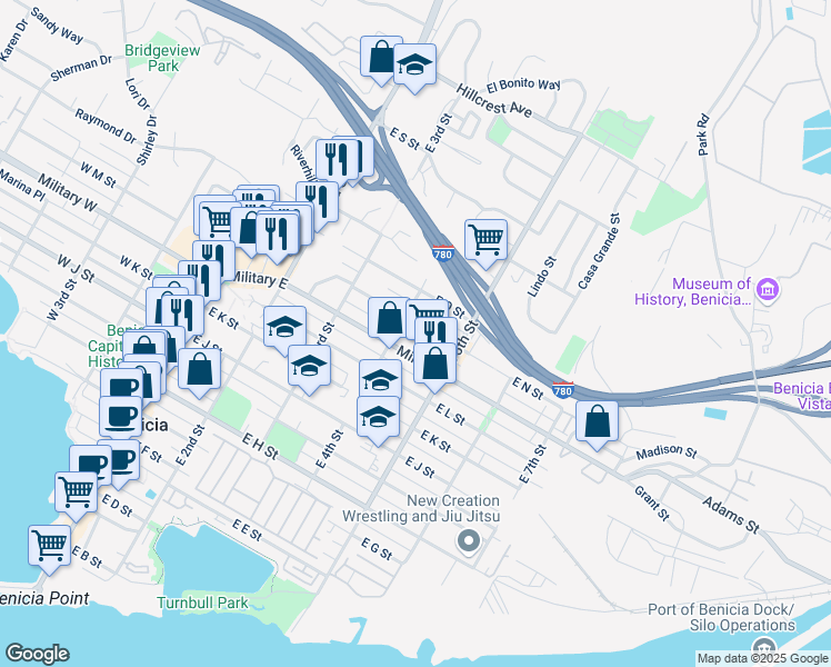 map of restaurants, bars, coffee shops, grocery stores, and more near 430 E N St in Benicia