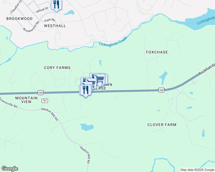 map of restaurants, bars, coffee shops, grocery stores, and more near 5168 Rockfish Gap Turnpike in Charlottesville