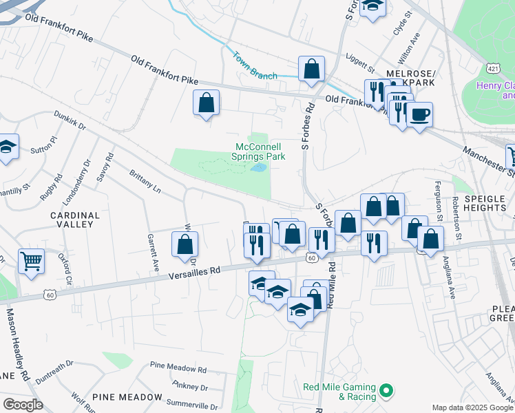 map of restaurants, bars, coffee shops, grocery stores, and more near 131 Halls Lane in Lexington