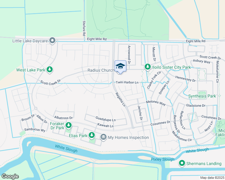 map of restaurants, bars, coffee shops, grocery stores, and more near 10537 Lake Point Avenue in Stockton