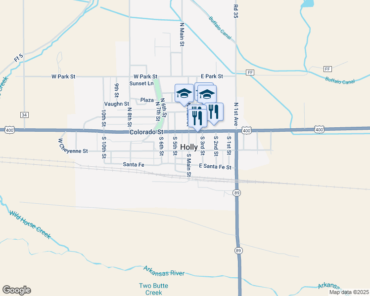 map of restaurants, bars, coffee shops, grocery stores, and more near 128 South Main Street in Holly