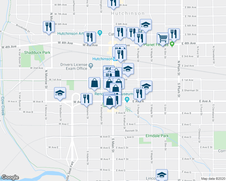 map of restaurants, bars, coffee shops, grocery stores, and more near E Sherman St & W Sherman St in Hutchinson