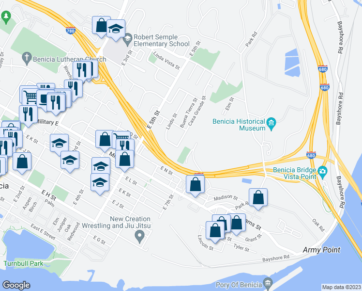 map of restaurants, bars, coffee shops, grocery stores, and more near 1740 Casa Grande Street in Benicia