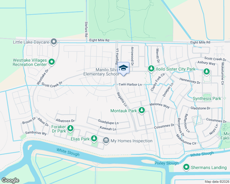 map of restaurants, bars, coffee shops, grocery stores, and more near 10537 Lake Point Avenue in Stockton