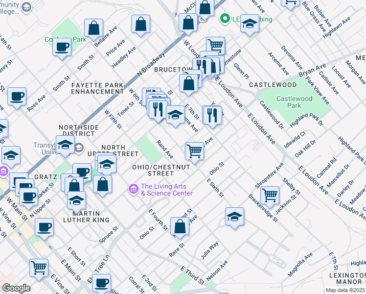 map of restaurants, bars, coffee shops, grocery stores, and more near 200 East Sixth Street in Lexington