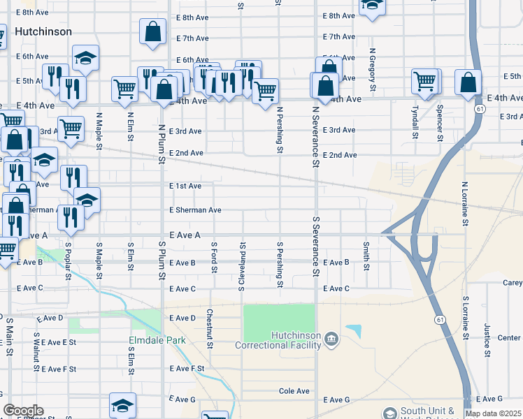 map of restaurants, bars, coffee shops, grocery stores, and more near 705 East Sherman Street in Hutchinson