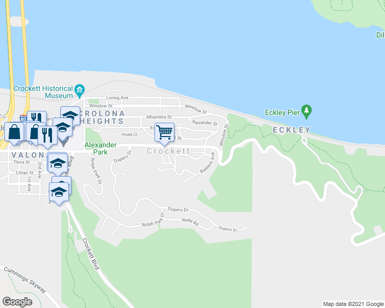 map of restaurants, bars, coffee shops, grocery stores, and more near 54 Bishop Road in Crockett