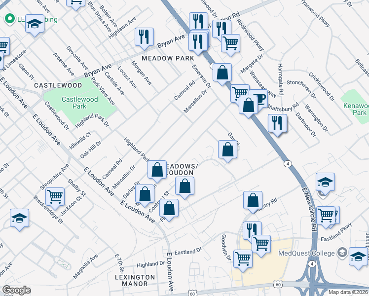 map of restaurants, bars, coffee shops, grocery stores, and more near 960 Meadow Lane in Lexington