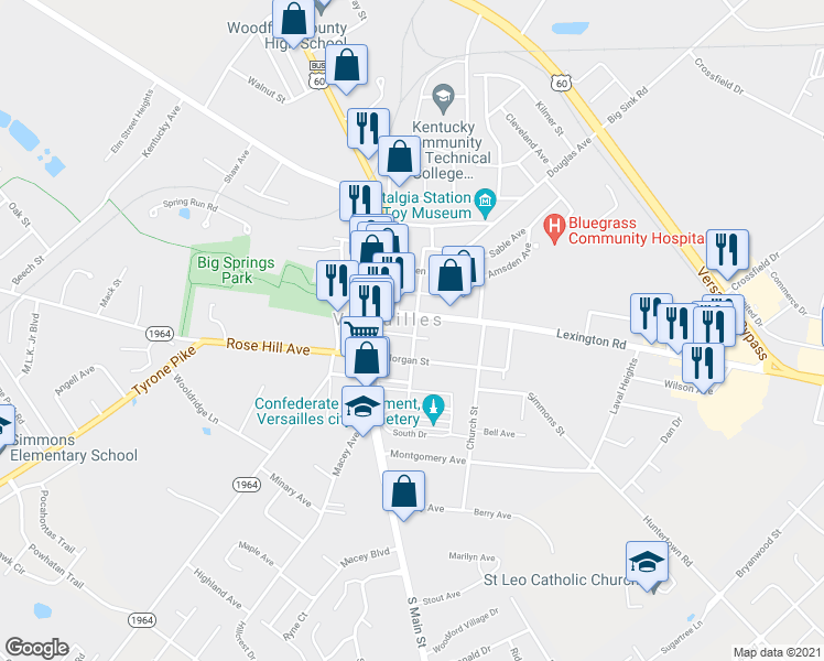 map of restaurants, bars, coffee shops, grocery stores, and more near 131 South Locust Street in Versailles