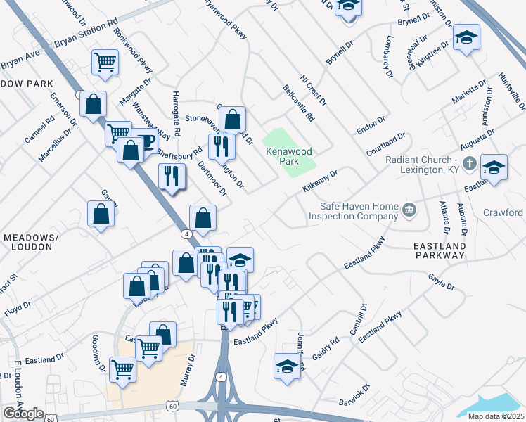 map of restaurants, bars, coffee shops, grocery stores, and more near 1823 Kilkenny Court in Lexington