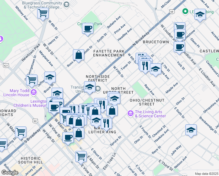 map of restaurants, bars, coffee shops, grocery stores, and more near 217 West 4th Street in Lexington