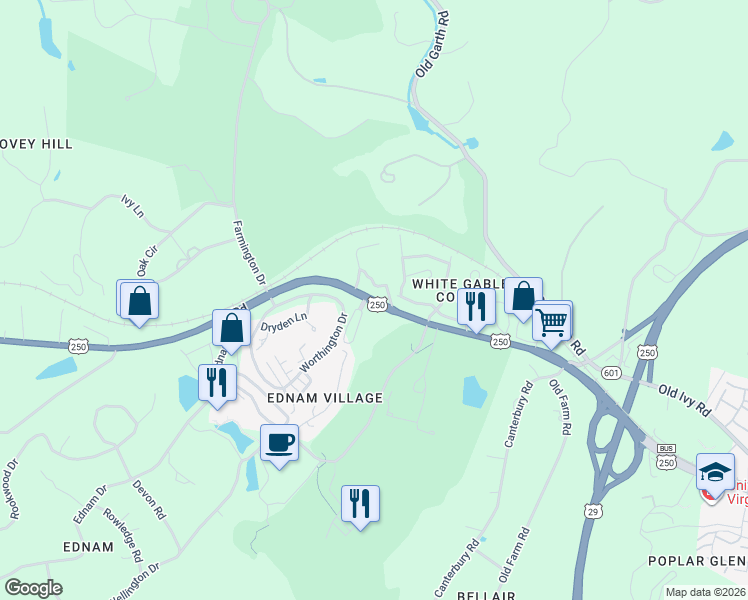 map of restaurants, bars, coffee shops, grocery stores, and more near 2641 Ivy Road in Charlottesville