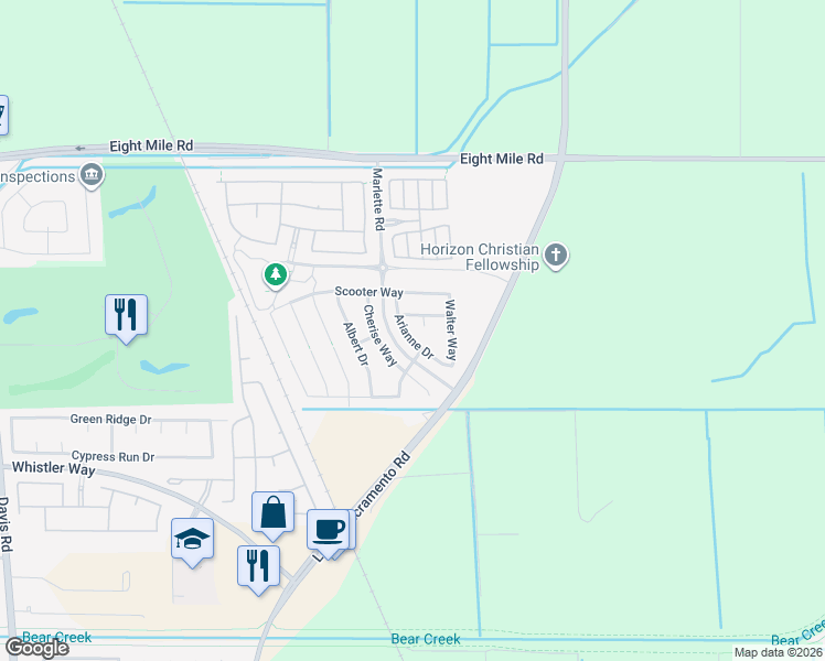 map of restaurants, bars, coffee shops, grocery stores, and more near 10541 Arianne Drive in Stockton