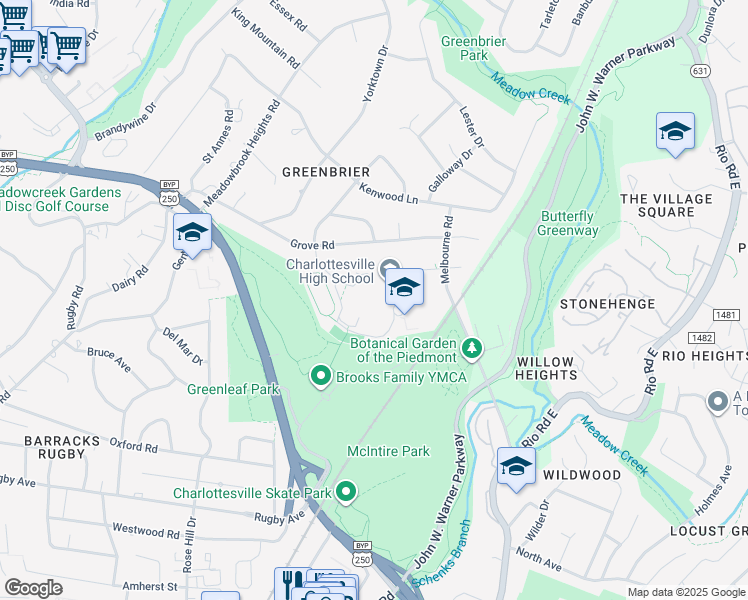 map of restaurants, bars, coffee shops, grocery stores, and more near 1400 Melbourne Road in Charlottesville