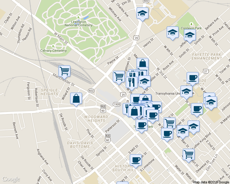 map of restaurants, bars, coffee shops, grocery stores, and more near 614 West Main Street in Lexington