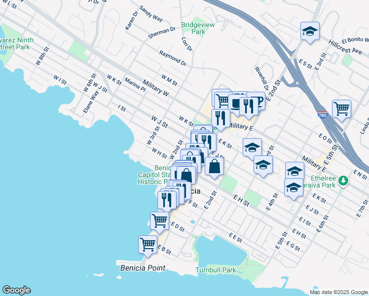 map of restaurants, bars, coffee shops, grocery stores, and more near 175 West I Street in Benicia