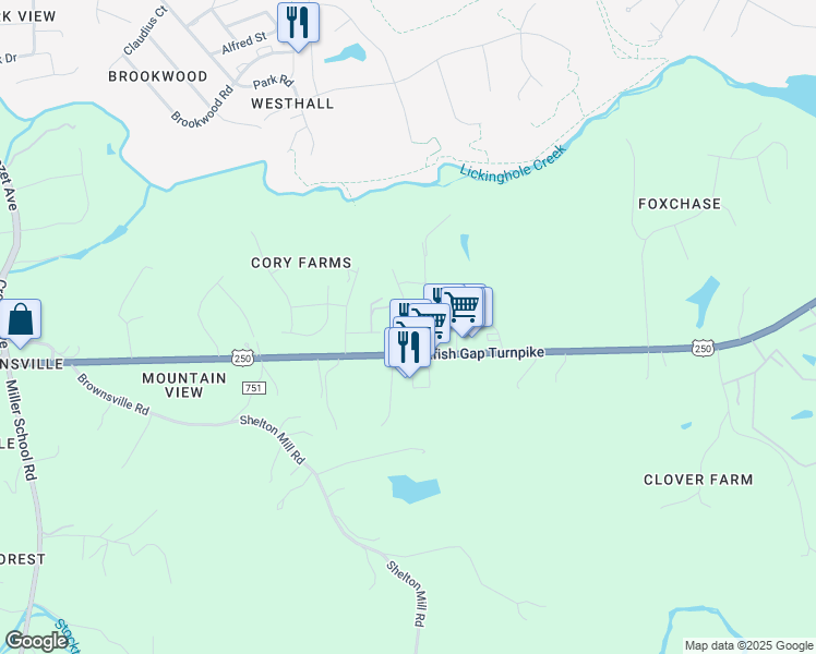 map of restaurants, bars, coffee shops, grocery stores, and more near 580 Radford Lane in Charlottesville