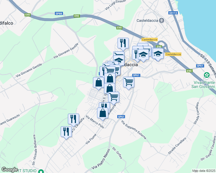 map of restaurants, bars, coffee shops, grocery stores, and more near 15 Via Giuseppe Garibaldi in Casteldaccia