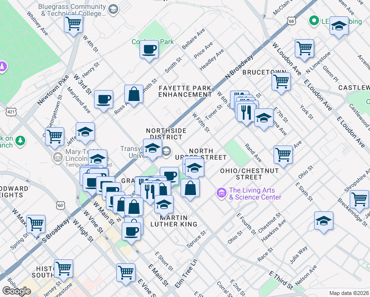 map of restaurants, bars, coffee shops, grocery stores, and more near in Lexington