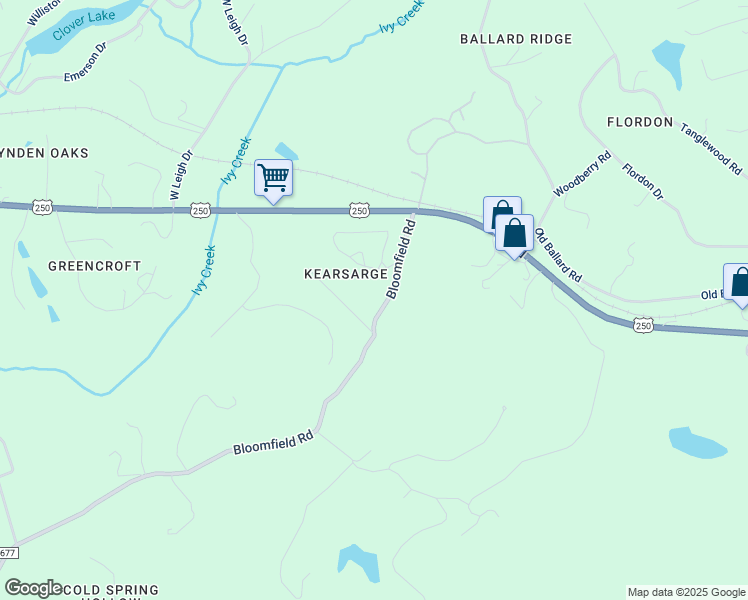 map of restaurants, bars, coffee shops, grocery stores, and more near 560 Bloomfield Road in Charlottesville