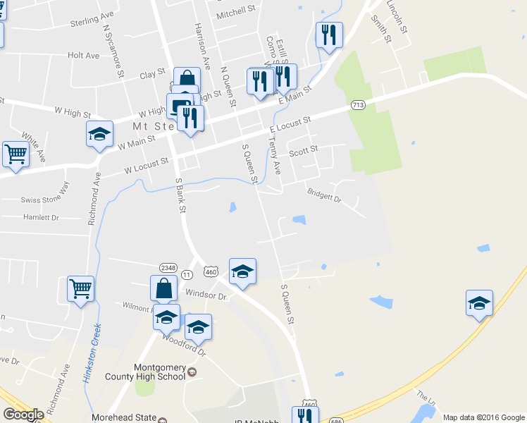 map of restaurants, bars, coffee shops, grocery stores, and more near 430 South Queen Street in Mount Sterling