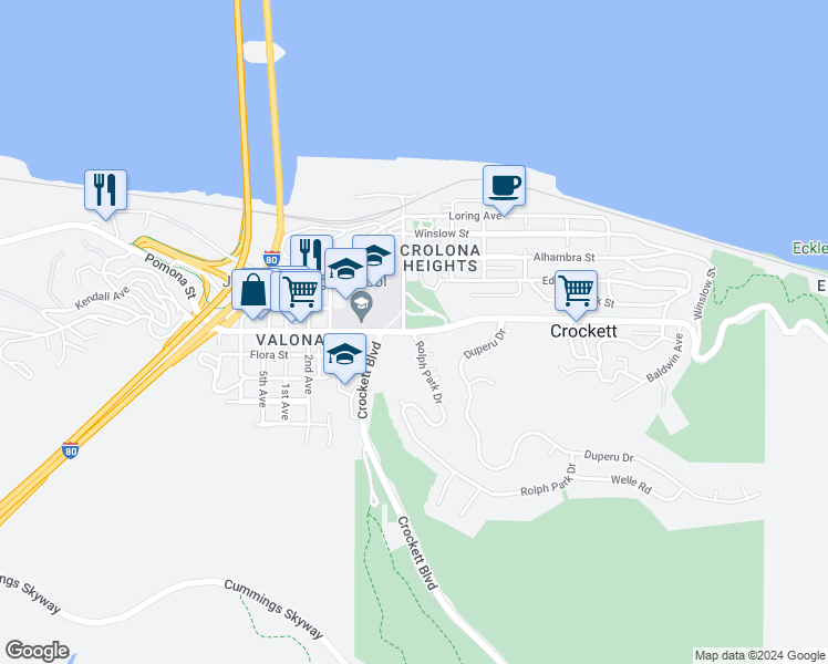 map of restaurants, bars, coffee shops, grocery stores, and more near 2 Rolph Park Drive in Crockett