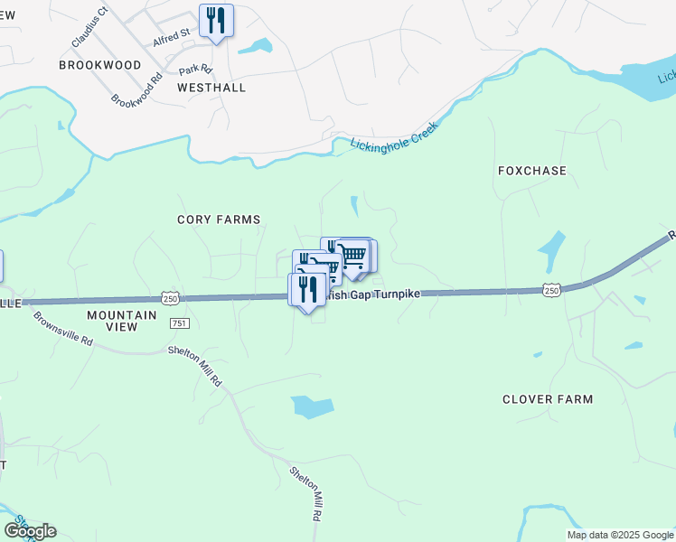 map of restaurants, bars, coffee shops, grocery stores, and more near 5196 Rockfish Gap Turnpike in Charlottesville