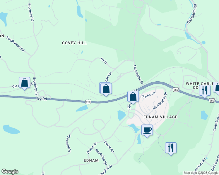 map of restaurants, bars, coffee shops, grocery stores, and more near 465 Oak Circle in Charlottesville