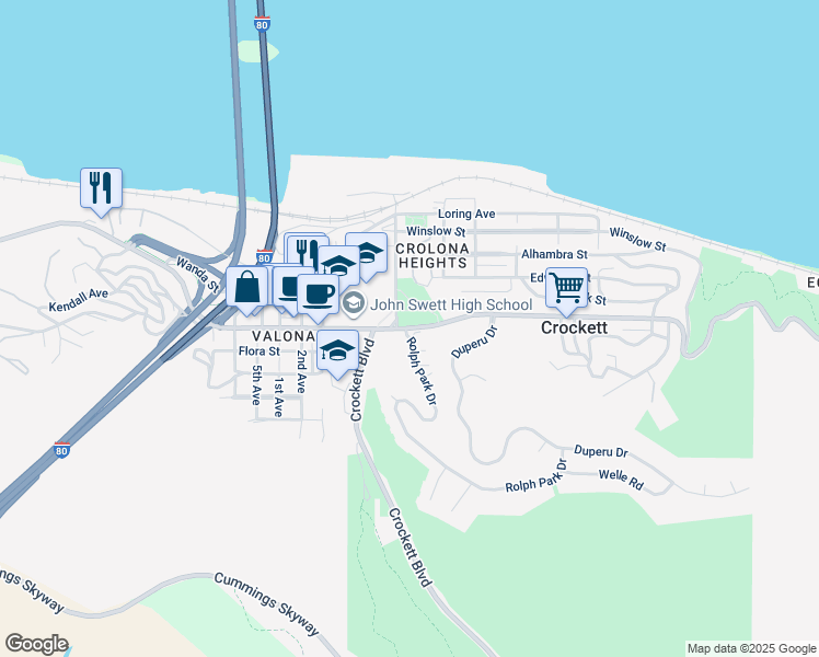 map of restaurants, bars, coffee shops, grocery stores, and more near Pomona Street in Crockett