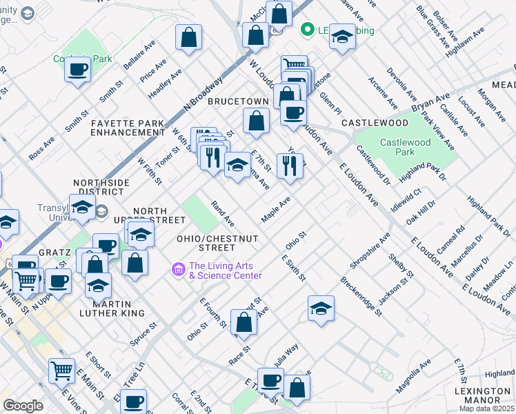 map of restaurants, bars, coffee shops, grocery stores, and more near 611 Maple Avenue in Lexington