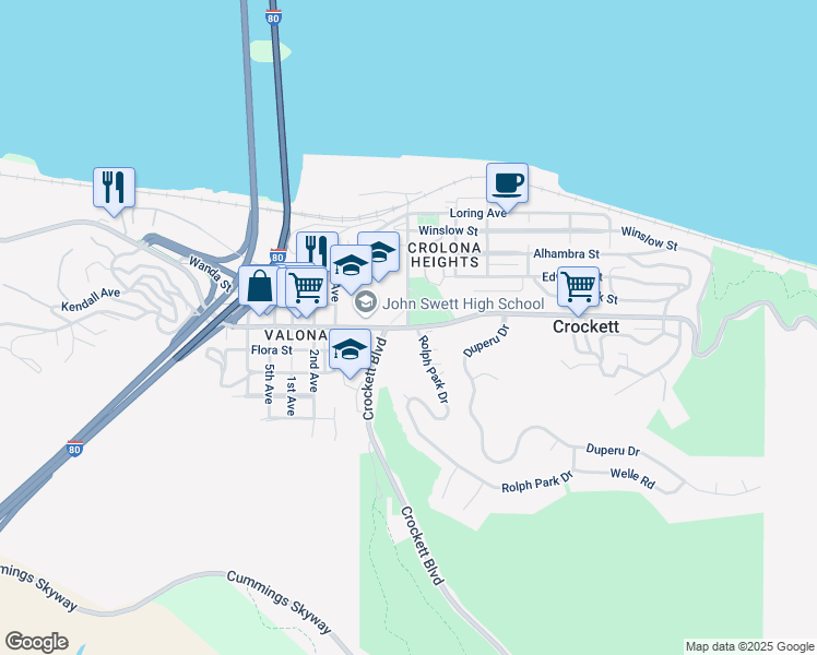 map of restaurants, bars, coffee shops, grocery stores, and more near 1022 Pomona Street in Crockett